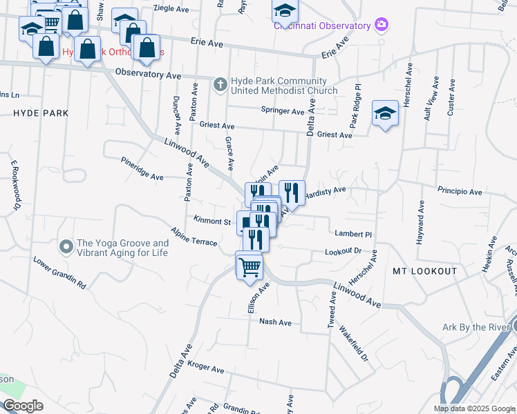 map of restaurants, bars, coffee shops, grocery stores, and more near 3151 Linwood Avenue in Cincinnati