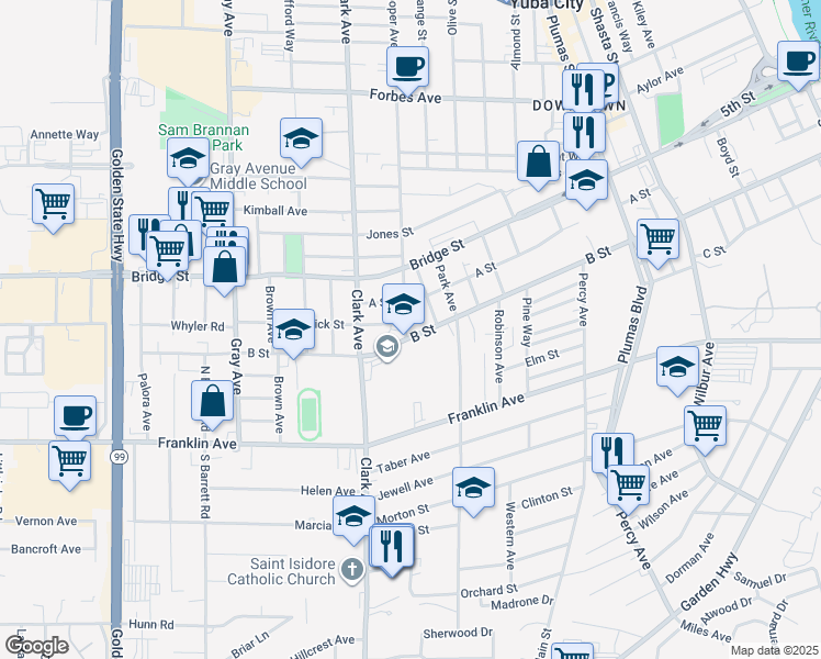 map of restaurants, bars, coffee shops, grocery stores, and more near 505 Cooper Avenue in Yuba City