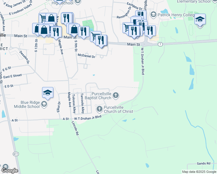 map of restaurants, bars, coffee shops, grocery stores, and more near 843 Kinvarra Place in Purcellville