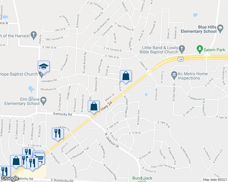 map of restaurants, bars, coffee shops, grocery stores, and more near 18910 Manor Drive in Independence