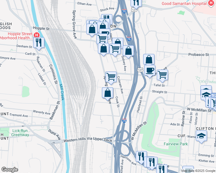 map of restaurants, bars, coffee shops, grocery stores, and more near 1201 Straight Street in Cincinnati