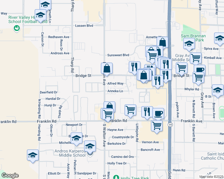 map of restaurants, bars, coffee shops, grocery stores, and more near 1569 Anneka Lane in Yuba City