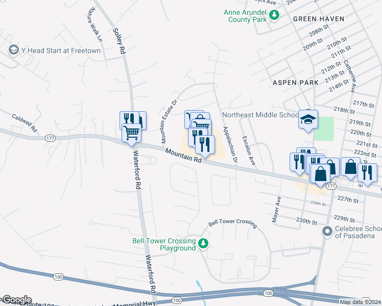 map of restaurants, bars, coffee shops, grocery stores, and more near 350 Mountain Road in Pasadena