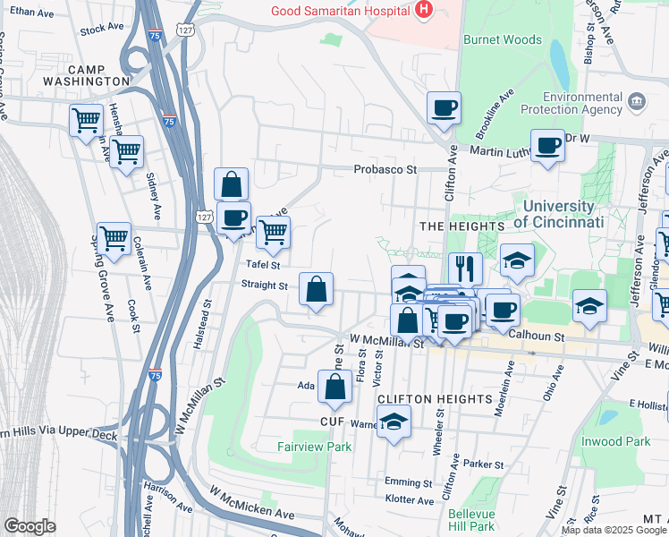 map of restaurants, bars, coffee shops, grocery stores, and more near 522 Fortune Avenue in Cincinnati