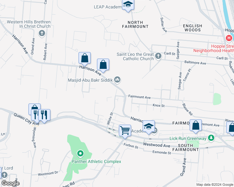 map of restaurants, bars, coffee shops, grocery stores, and more near 1991 Fairmount Avenue in Cincinnati