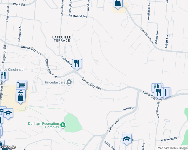 map of restaurants, bars, coffee shops, grocery stores, and more near 2484 Queen City Avenue in Cincinnati