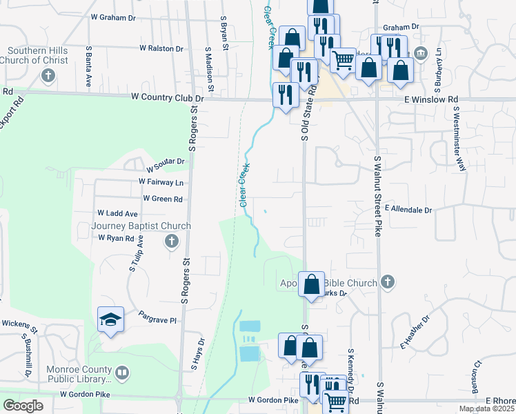map of restaurants, bars, coffee shops, grocery stores, and more near 2940 South Pinewood Lane in Bloomington
