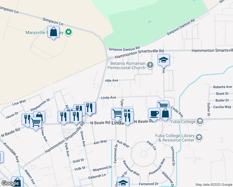map of restaurants, bars, coffee shops, grocery stores, and more near 1773 Linda Avenue in Marysville