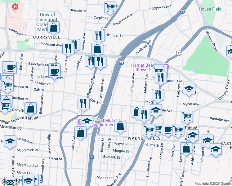 map of restaurants, bars, coffee shops, grocery stores, and more near 671 Tennis Lane in Cincinnati