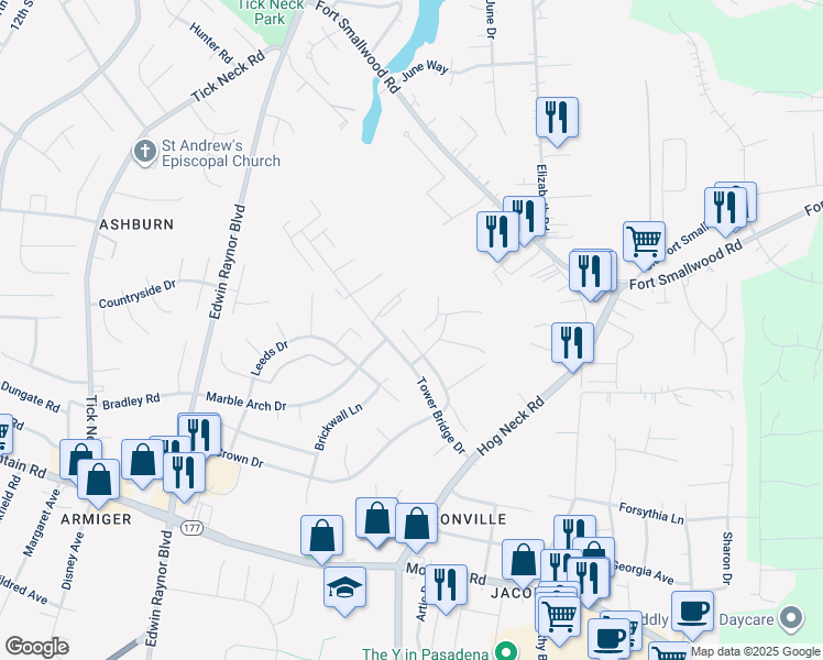 map of restaurants, bars, coffee shops, grocery stores, and more near 8012 Hadfield Court in Pasadena