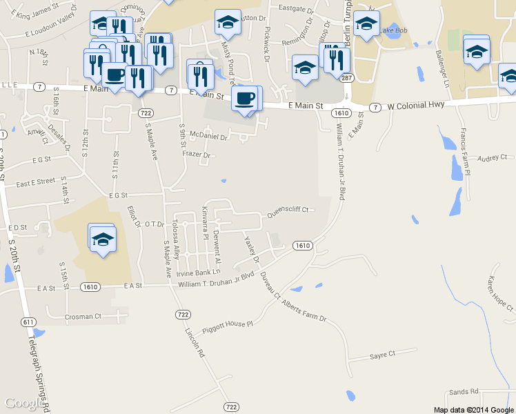 map of restaurants, bars, coffee shops, grocery stores, and more near 843 Kinvarra Place in Purcellville