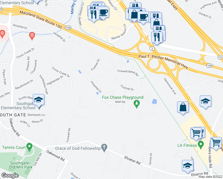 map of restaurants, bars, coffee shops, grocery stores, and more near 8008 Silver Fox Drive in Glen Burnie
