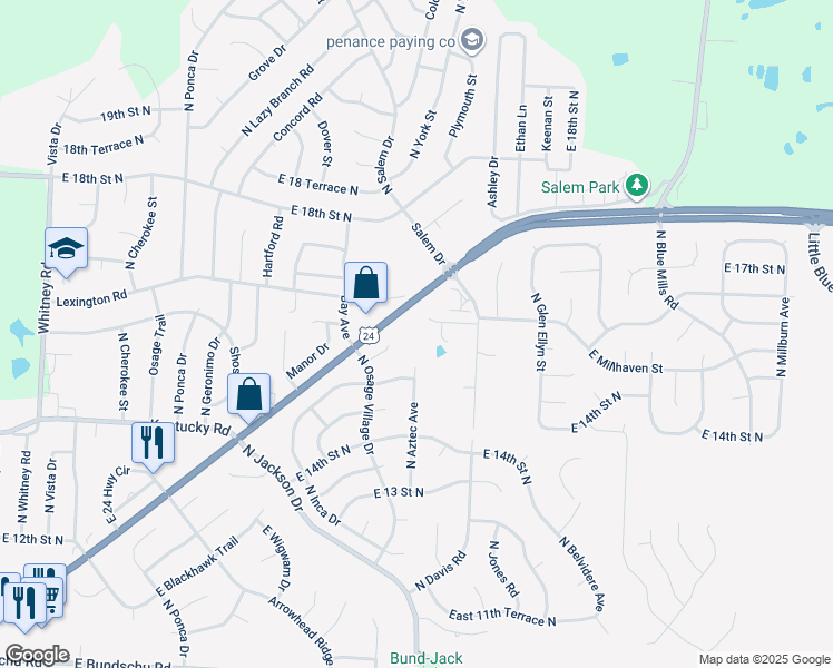 map of restaurants, bars, coffee shops, grocery stores, and more near 19333 East US Highway 24 in Independence