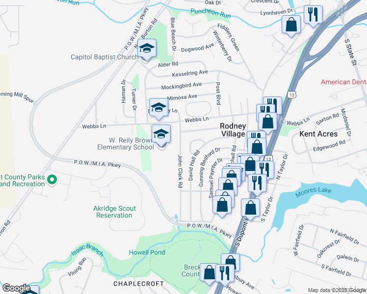 map of restaurants, bars, coffee shops, grocery stores, and more near 1455 John Clark Road in Dover