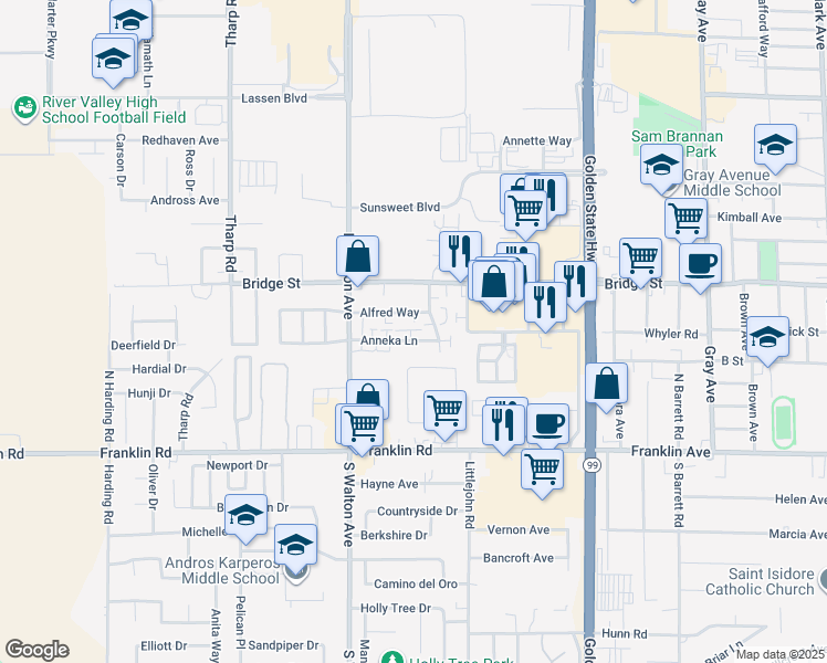 map of restaurants, bars, coffee shops, grocery stores, and more near 1508 Anneka Lane in Yuba City