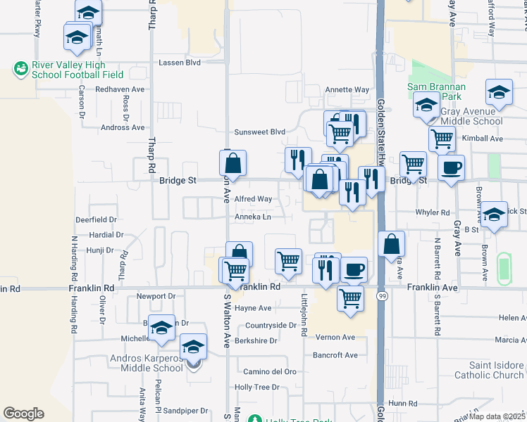 map of restaurants, bars, coffee shops, grocery stores, and more near 1508 Anneka Lane in Yuba City