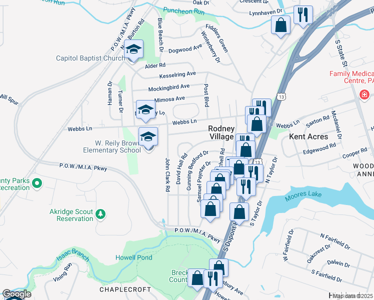 map of restaurants, bars, coffee shops, grocery stores, and more near 285 David Hall Road in Dover