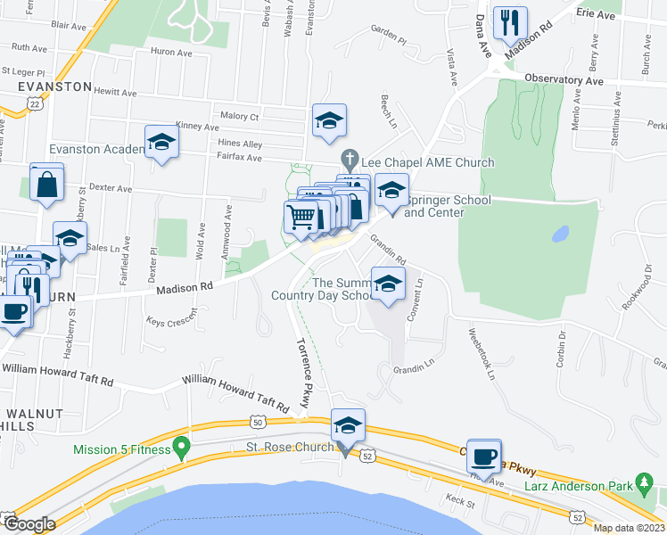 map of restaurants, bars, coffee shops, grocery stores, and more near 5 Elmhurst Place in Cincinnati