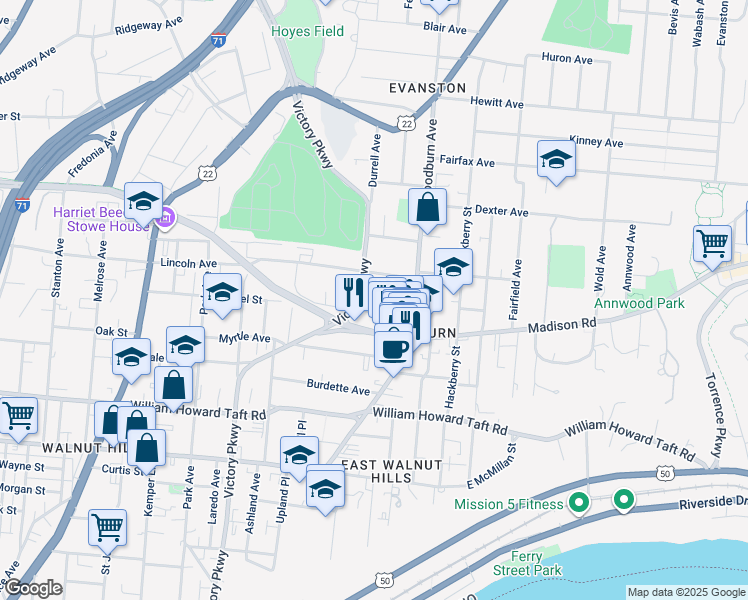 map of restaurants, bars, coffee shops, grocery stores, and more near 1510 Chapel Street in Cincinnati