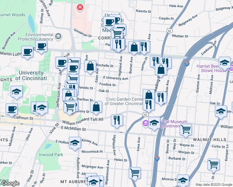 map of restaurants, bars, coffee shops, grocery stores, and more near 2650 Highland Avenue in Cincinnati