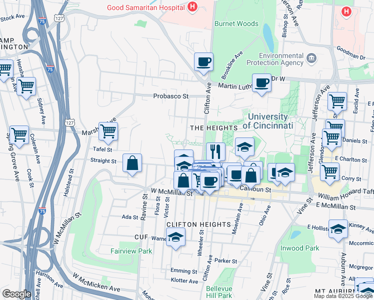 map of restaurants, bars, coffee shops, grocery stores, and more near 2600 Stratford Avenue in Cincinnati
