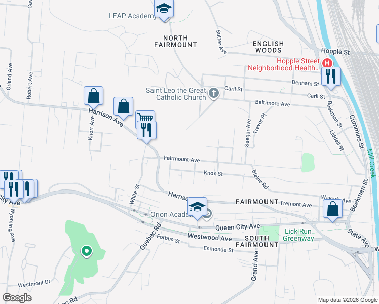 map of restaurants, bars, coffee shops, grocery stores, and more near 1920 Fairmount Avenue in Cincinnati