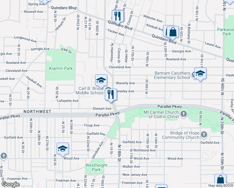map of restaurants, bars, coffee shops, grocery stores, and more near 2119 North 18th Street in Kansas City