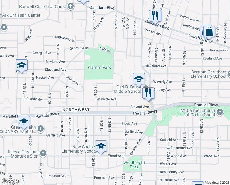 map of restaurants, bars, coffee shops, grocery stores, and more near 2061 North 22nd Street in Kansas City