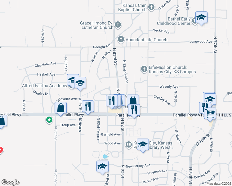 map of restaurants, bars, coffee shops, grocery stores, and more near 2129 North 83rd Place in Kansas City