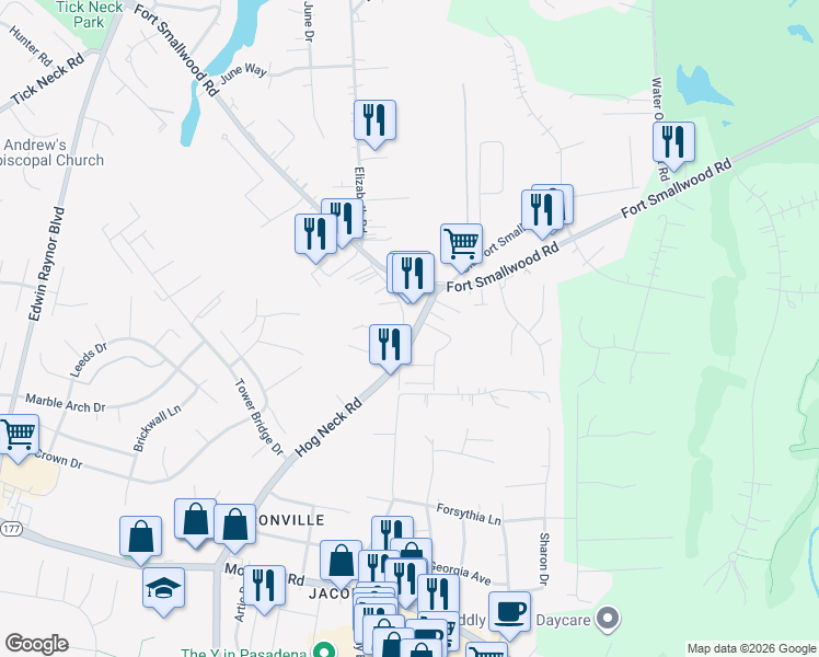 map of restaurants, bars, coffee shops, grocery stores, and more near 8013 Hog Neck Road in Pasadena