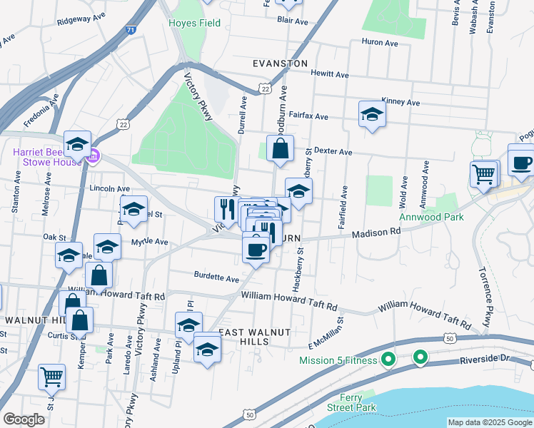 map of restaurants, bars, coffee shops, grocery stores, and more near 1546 Chapel Street in Cincinnati