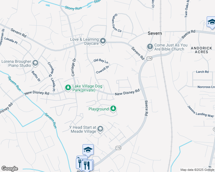 map of restaurants, bars, coffee shops, grocery stores, and more near 7930 Heather Mist Drive in Severn