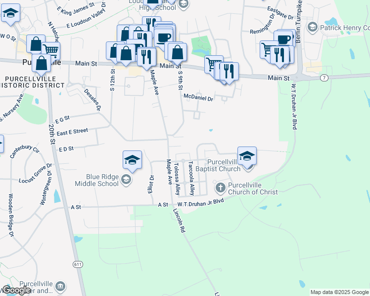 map of restaurants, bars, coffee shops, grocery stores, and more near 37611 Cecilia Lane in Purcellville