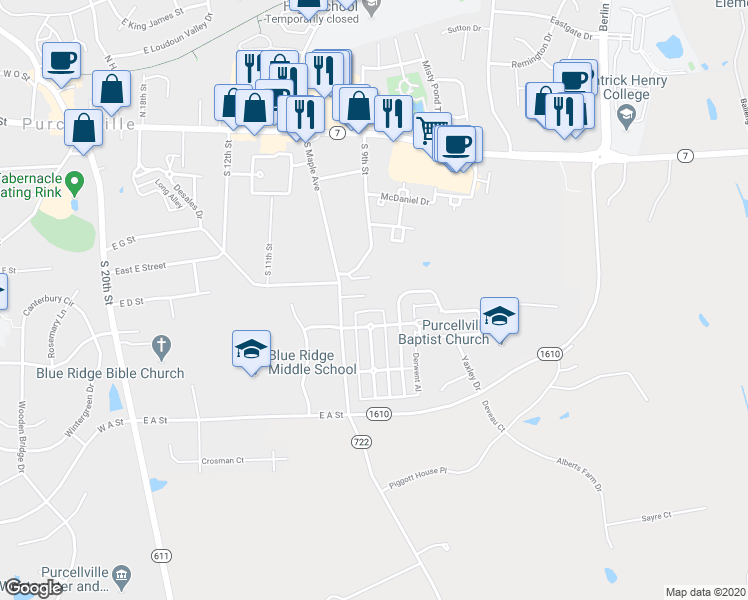 map of restaurants, bars, coffee shops, grocery stores, and more near 37611 Cecilia Lane in Purcellville