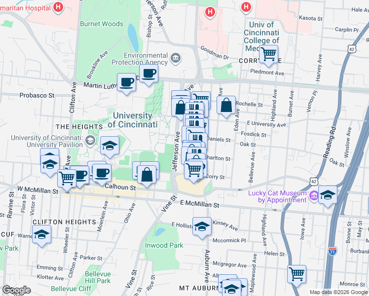 map of restaurants, bars, coffee shops, grocery stores, and more near 2709 Glendora Avenue in Cincinnati