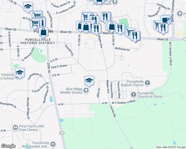 map of restaurants, bars, coffee shops, grocery stores, and more near 601 Elliot Drive in Purcellville