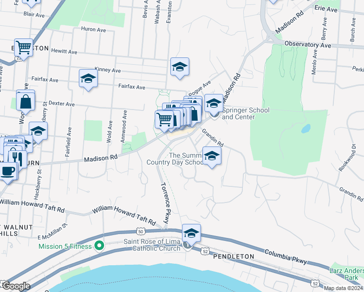 map of restaurants, bars, coffee shops, grocery stores, and more near 582 Torrence Lane in Cincinnati