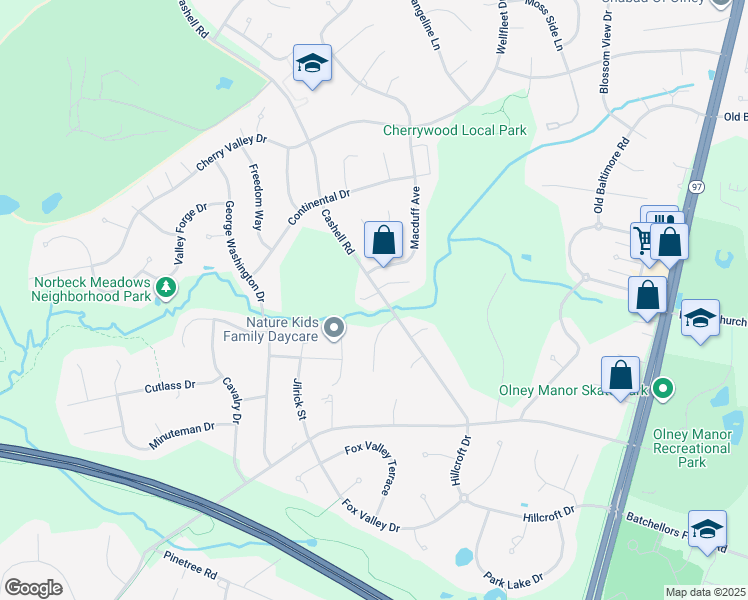 map of restaurants, bars, coffee shops, grocery stores, and more near 16730 Cashell Road in Rockville