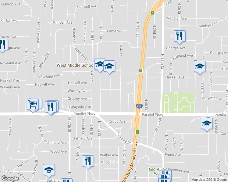 map of restaurants, bars, coffee shops, grocery stores, and more near 4329 Waverly Avenue in Kansas City