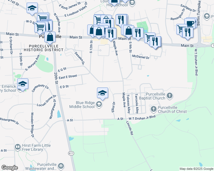 map of restaurants, bars, coffee shops, grocery stores, and more near 601 Elliot Drive in Purcellville