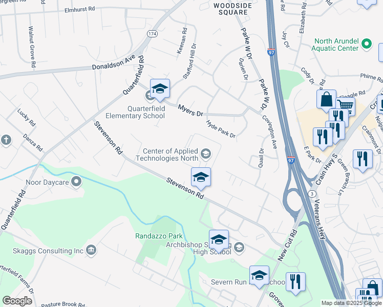map of restaurants, bars, coffee shops, grocery stores, and more near 800 Stevenson Road in Severn
