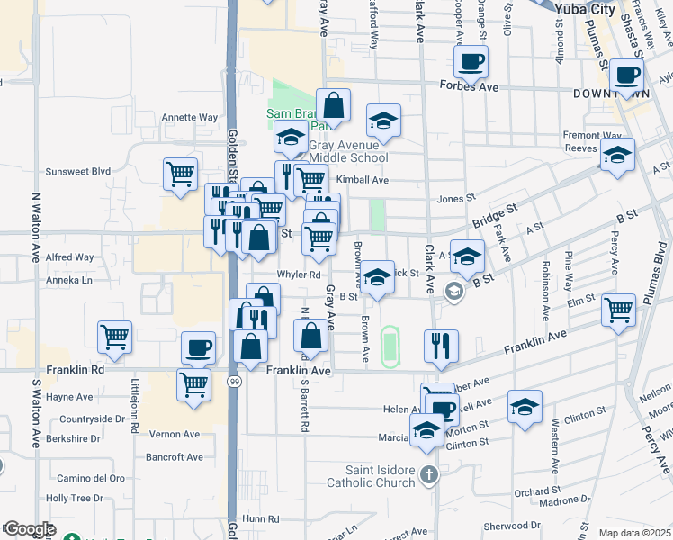 map of restaurants, bars, coffee shops, grocery stores, and more near 564 Brown Avenue in Yuba City