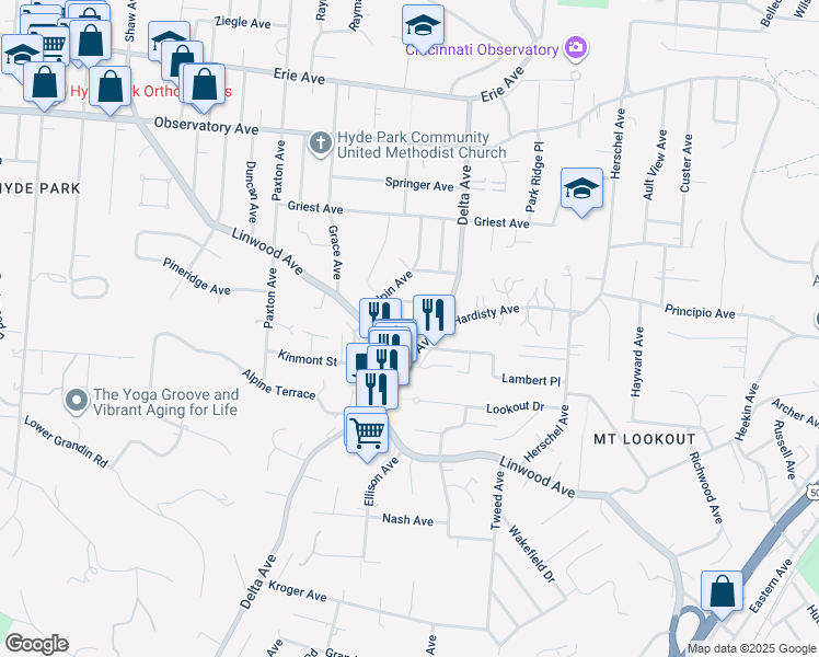 map of restaurants, bars, coffee shops, grocery stores, and more near 1021 Delta Avenue in Cincinnati