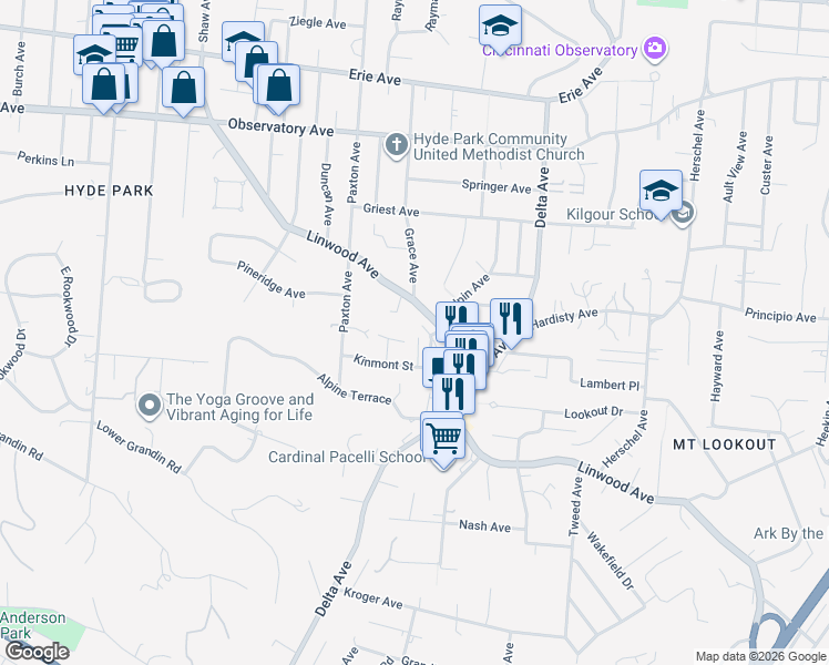 map of restaurants, bars, coffee shops, grocery stores, and more near 3130 Linview Avenue in Cincinnati