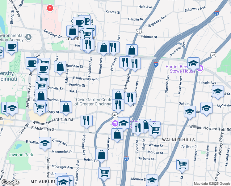 map of restaurants, bars, coffee shops, grocery stores, and more near 510 Oak Street in Cincinnati