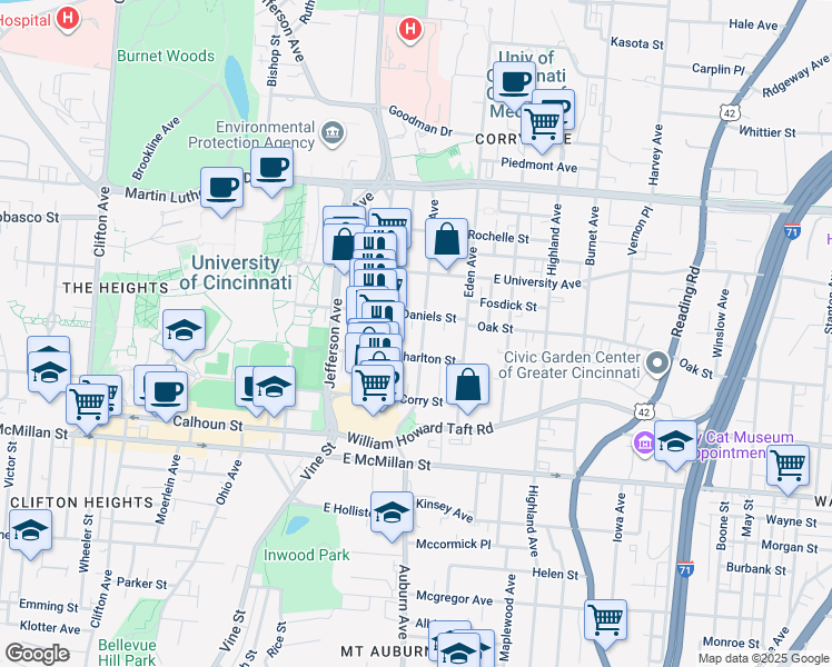 map of restaurants, bars, coffee shops, grocery stores, and more near 2701 Euclid Avenue in Cincinnati