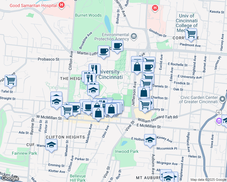 map of restaurants, bars, coffee shops, grocery stores, and more near in Cincinnati