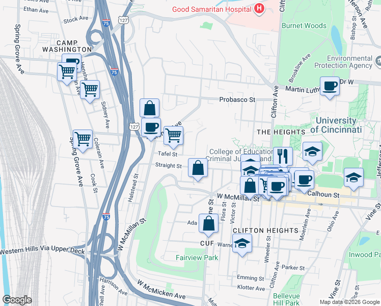 map of restaurants, bars, coffee shops, grocery stores, and more near 2710 Wagner Street in Cincinnati