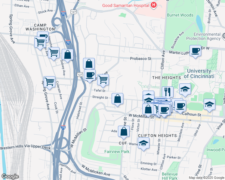 map of restaurants, bars, coffee shops, grocery stores, and more near 607 Tafel Street in Cincinnati