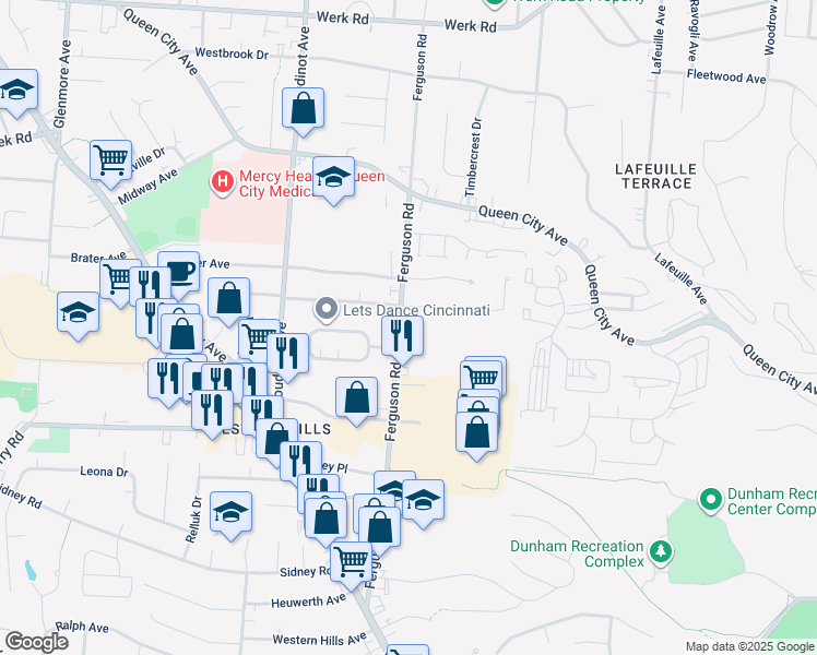 map of restaurants, bars, coffee shops, grocery stores, and more near 2416 Ferguson Road in Cincinnati